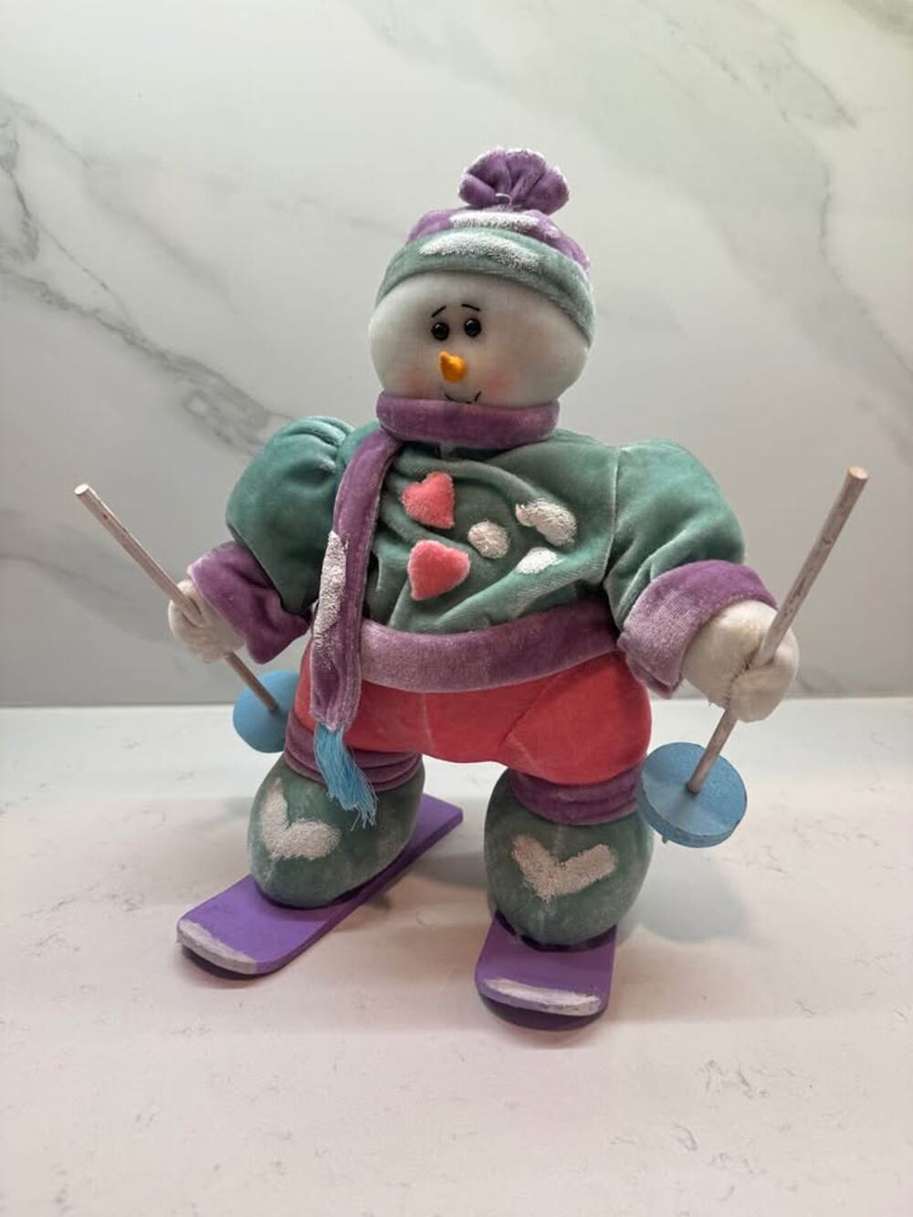 Vintage 90s Plush Pastel Skiing Snowman Decoration